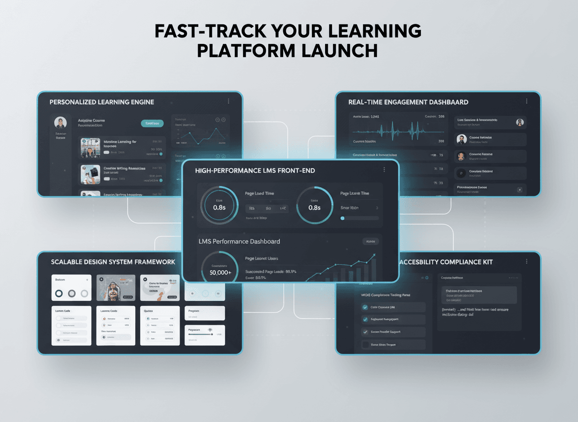 “EdTech product development workspace with designers and developers building a learning platform front-end interface.”