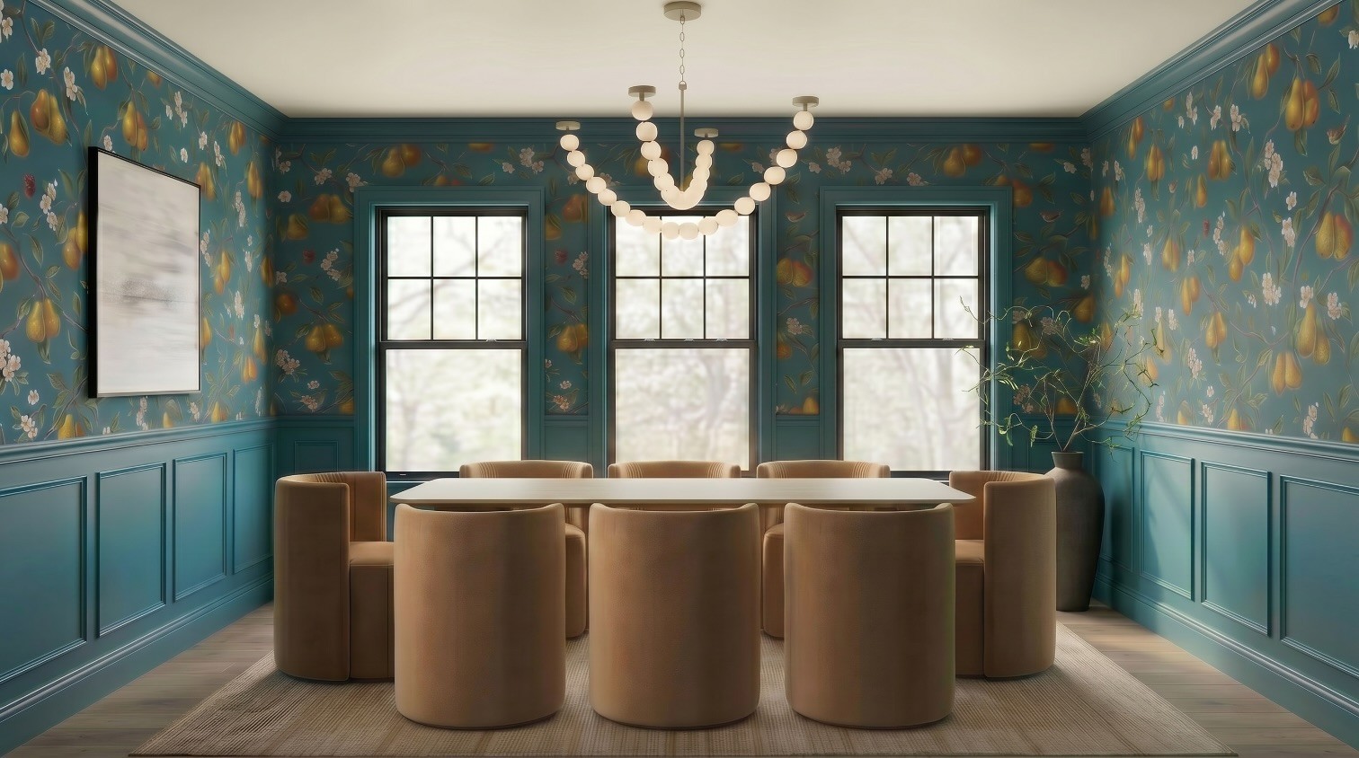 Fifth AI render with the chairs corrected but the wallpaper, velvet, and rug visibly blurred and warped from generation loss