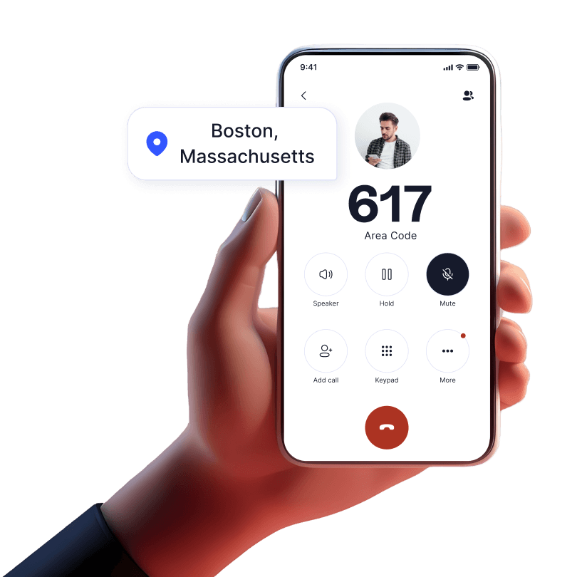 Hand holding mobile device with incoming call from 617 area code using LinkedPhone 2nd phone number mobile app