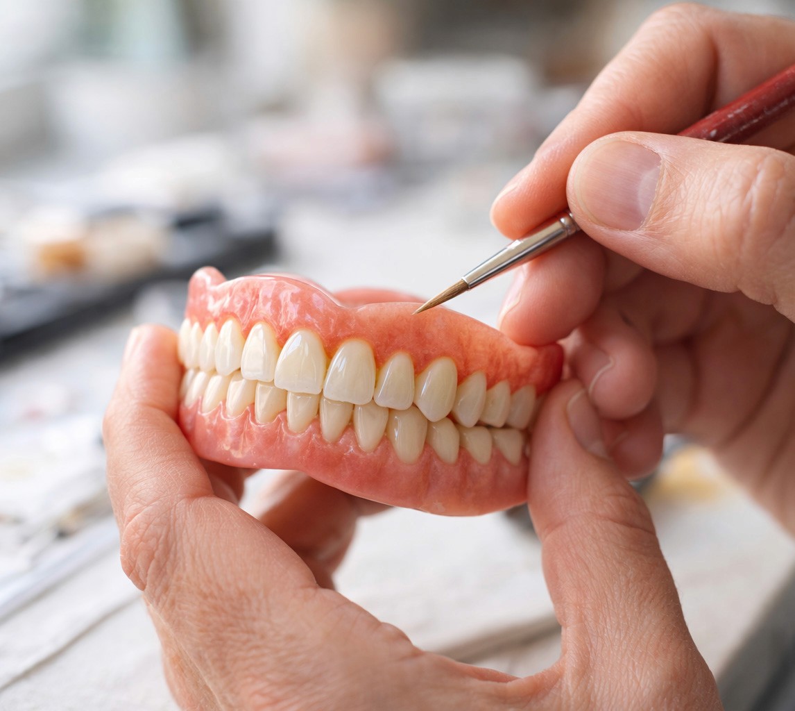 closeup of a dental prosthetic being painted