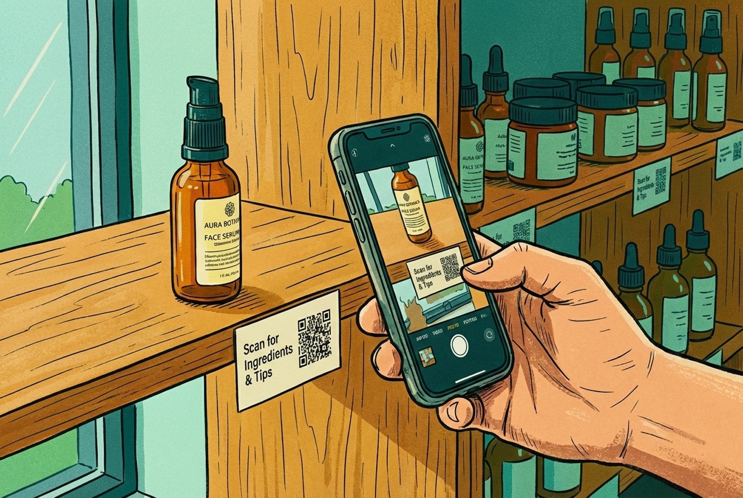 QR code on a retail shelf talker linking customers to product FAQs and setup information