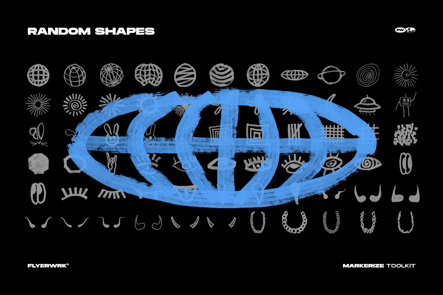 Markerize random abstract shapes and doodle elements featuring hand drawn globes eyes and spiral symbols