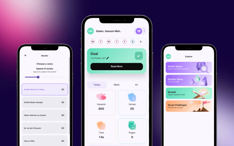 Quranly app interfaces with features like reciter selection, goal tracking, and gamification, offering users a personalized Quran study experience.