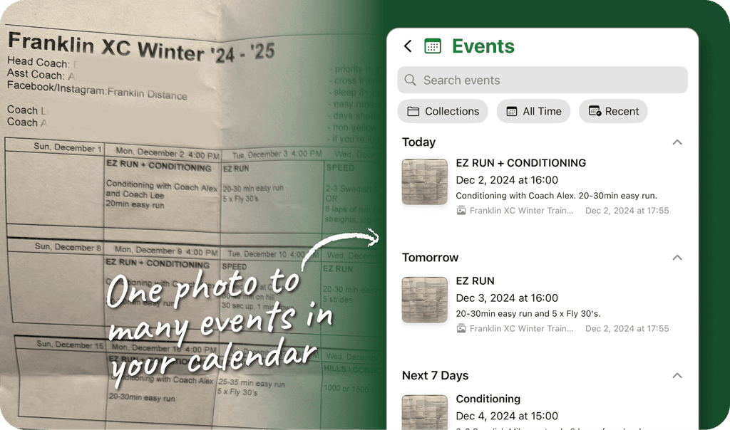 An example use showing a paper schedule with many events, the app has captured the events to an event view with search and filter options. The headline is 'One photo to many events in your calendar'.