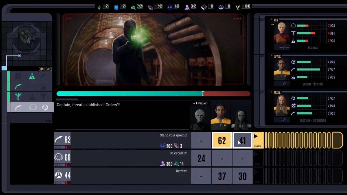 A spacecraft command centre screen displays a sci-fi interface with character profiles, status bars, and a central image of a figure holding a glowing object, indicating suspenseful gameplay in a space-themed video game.
