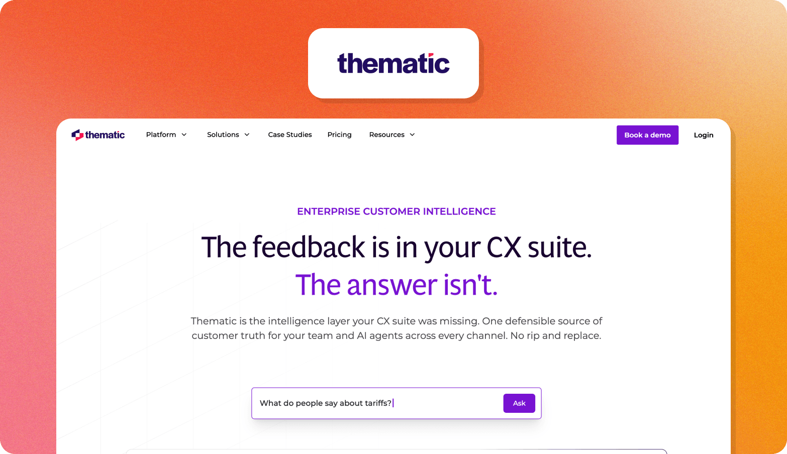 Screenshot of the Thematic homepage with the headline "The feedback is in your CX suite. The answer isn't," and a search bar reading "What do people say about tariffs?"