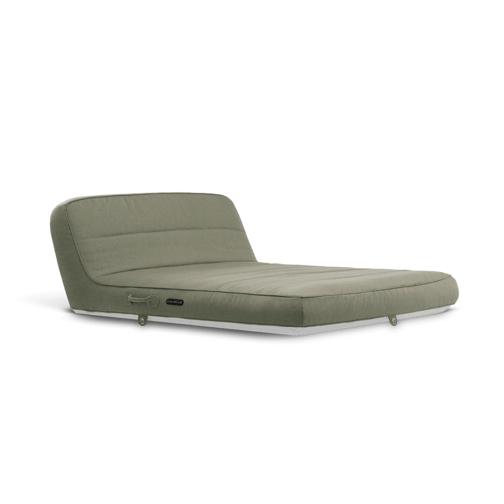 Luxury double pool float in sage-green recycled canvas with quilted panels and matte white base