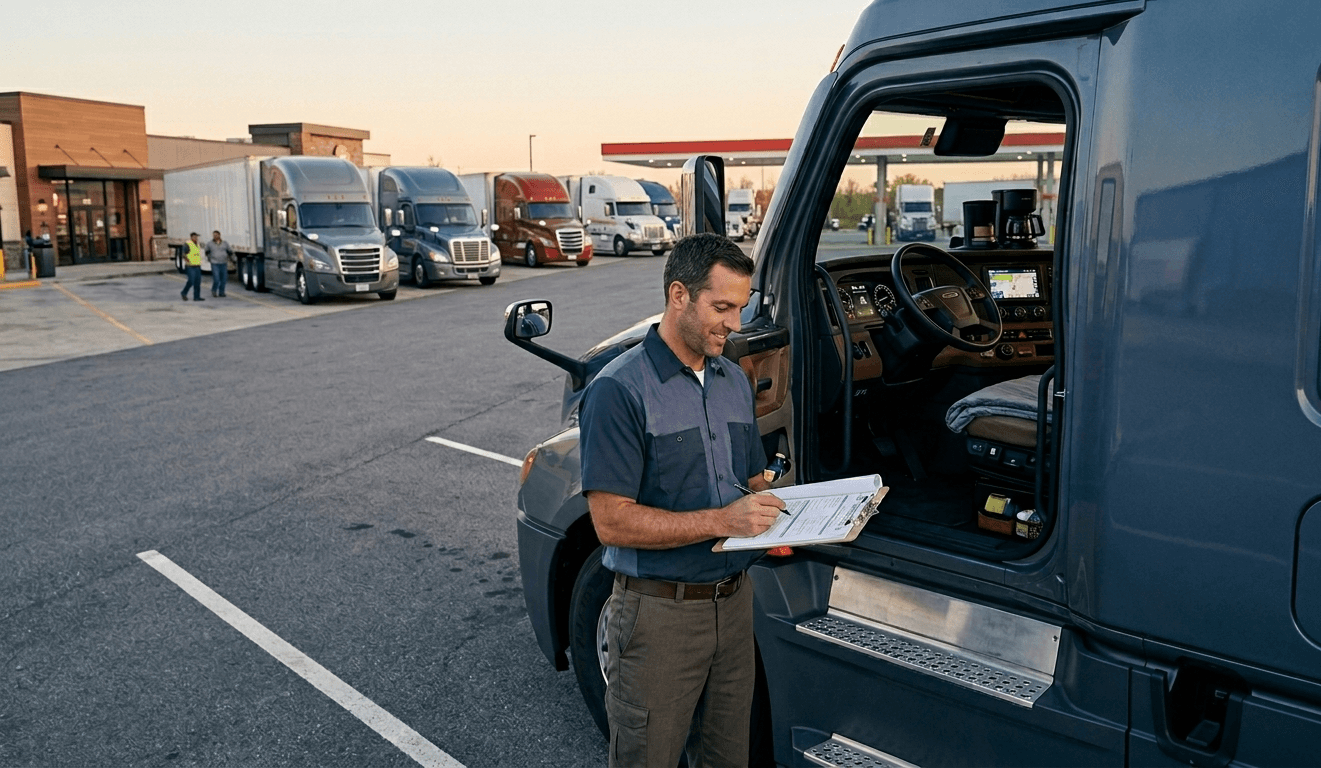 Owner operator reviewing trucking paperwork beside a semi truck at a truck stop as brokers increase carrier vetting and compliance standards after the Montgomery ruling.