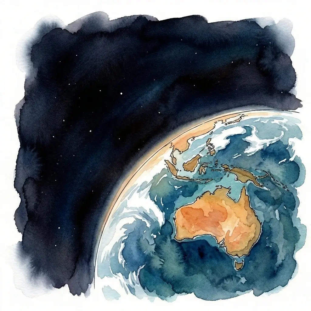 Image of Earth from space showing Australia in the centre of the planet. The image is a water-coloured image of planet Earth and it shows a starry sky and the whole and part of the globe from the distance like you're watching it from a satellite. 