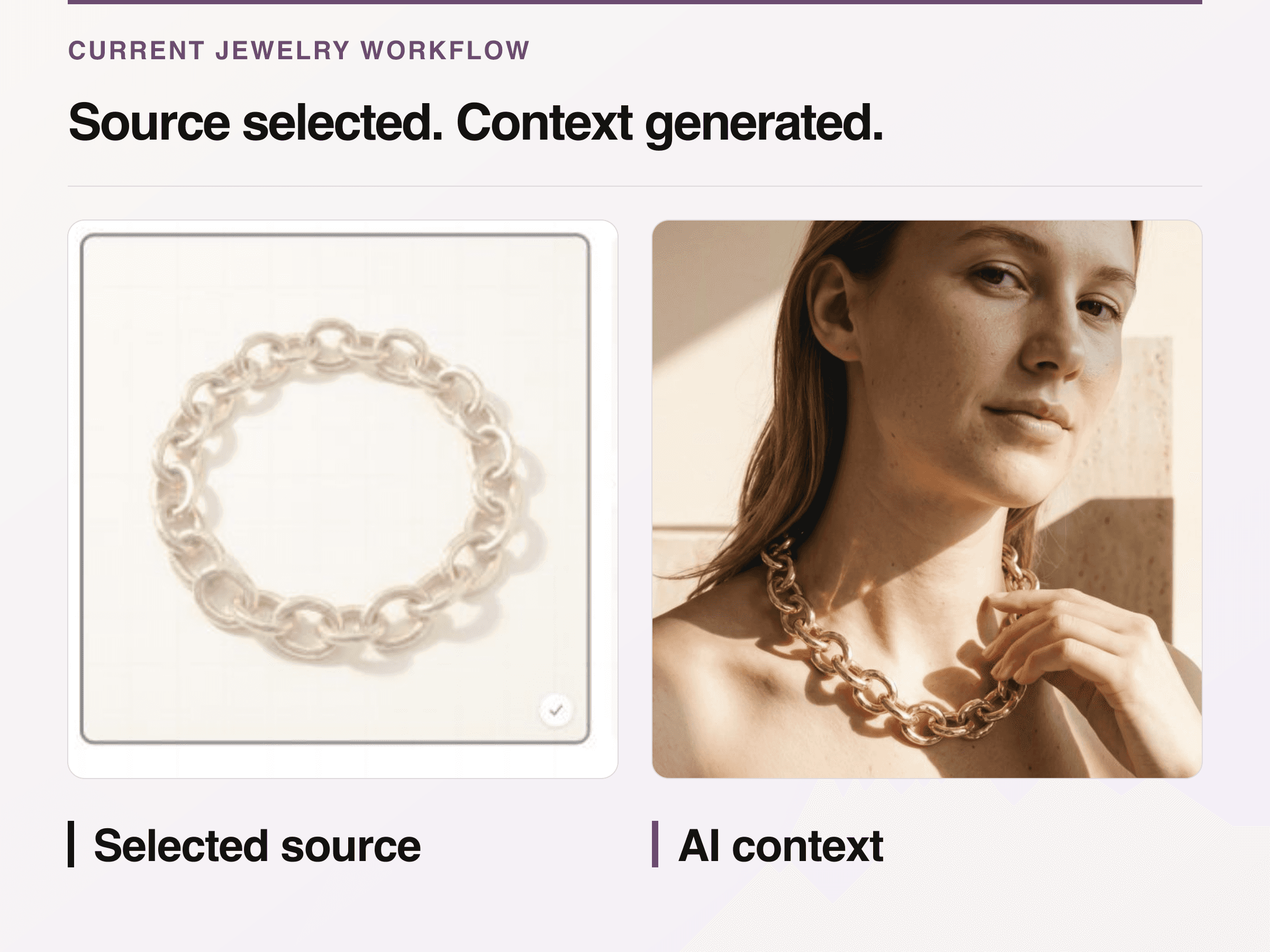 Current public Look Atlas jewelry demo showing a selected silver chain bracelet beside a generated gold necklace context