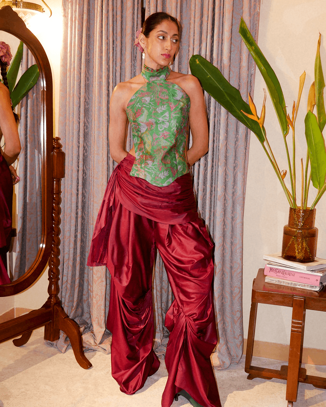 Antariya is our one-of-a-kind drape pants, designed with asymmetrical tucks and fluid folds pinned at varying levels,
