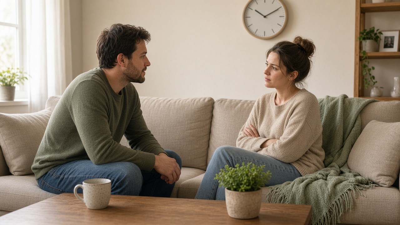 This image shows a man and a woman sitting across from each other on a beige sofa in a living room. The man, wearing a green sweater and jeans, is leaning forward, attentively talking to the woman who has her arms crossed and is listening seriously. The background includes a clock on the wall, a wooden shelf with plants and decorative items, and a green throw blanket on the sofa. On the wooden coffee table in front of them, there is a potted plant and a coffee mug. The overall setting suggests a private and thoughtful discussion, suitable for illustrating family planning, care, or counseling contexts.