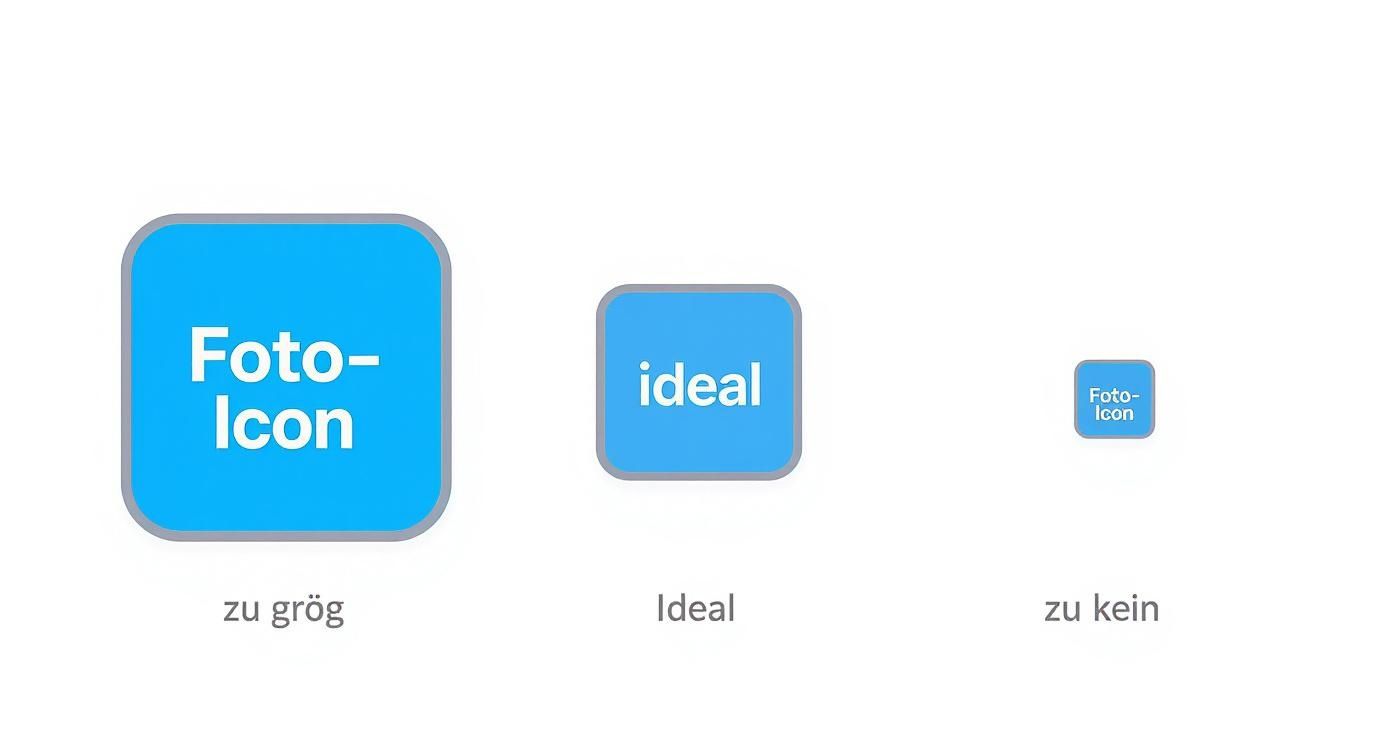 Dieses Bild zeigt drei App-Icons, die die ideale Größe im Vergleich zu einem zu großen und zu kleinen Icon darstellen.