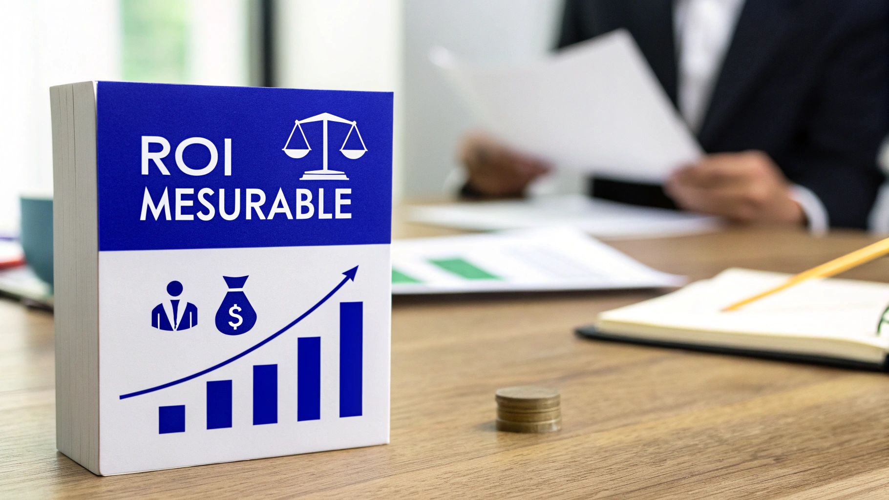 Livre 'ROI MESURABLE' sur un bureau, illustrant la croissance financière et l'analyse de documents.