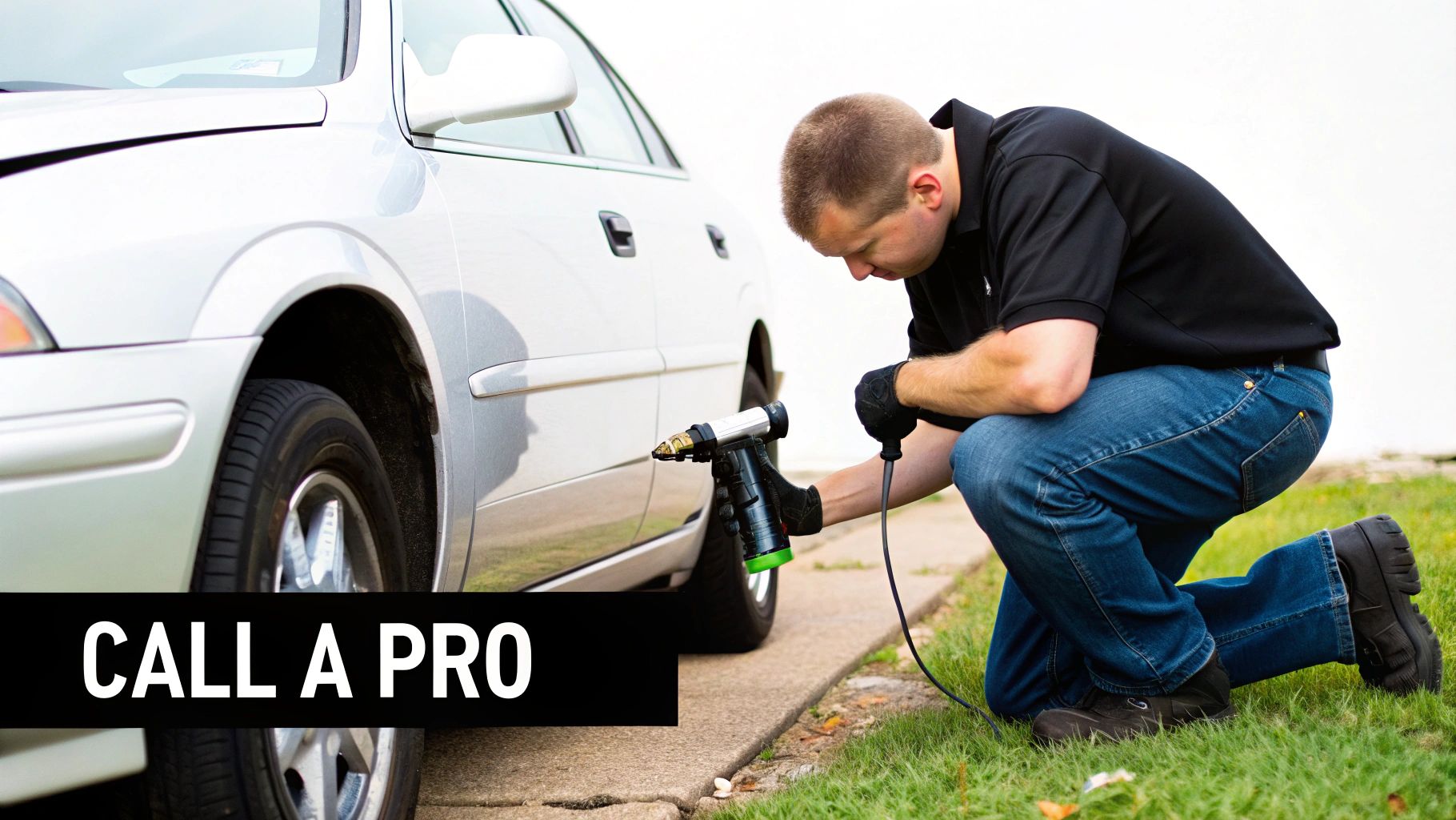 A man in black gloves kneels, using a specialized tool to repair the side of a silver car.