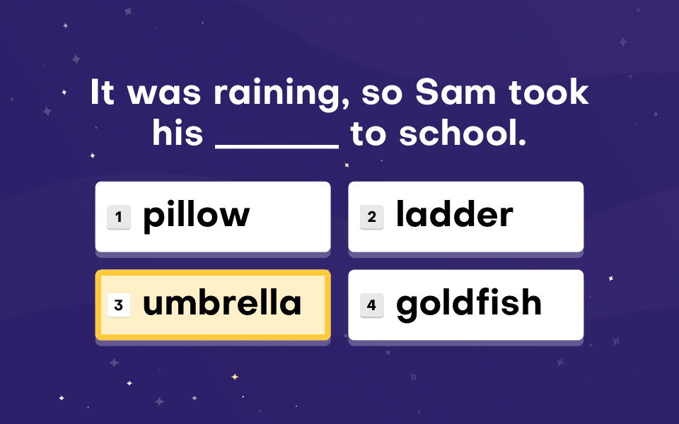 Talamo test screen, Passage Comprehension (Reading): the sentence ‘It was raining, so Sam took his ___ to school.’ with four word choices and ‘umbrella’ selected.