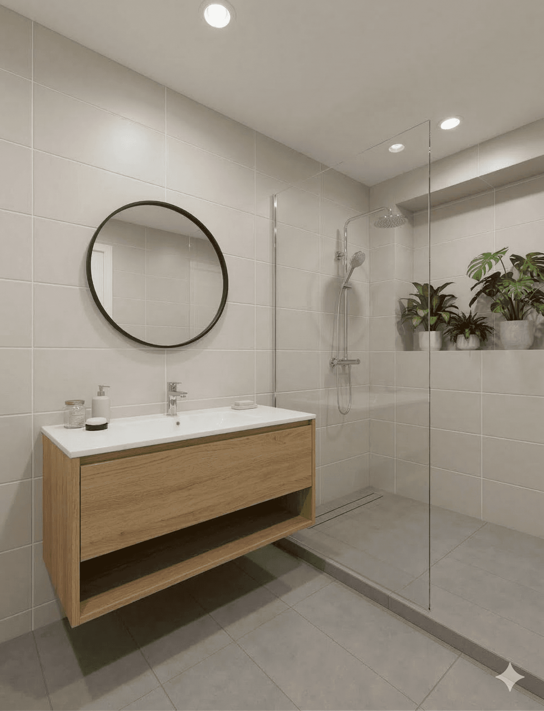 Modernes Badezimmer mit ebenerdiger Walk-In-Dusche, einem Waschtischunterschrank aus Holz, einem runden Spiegel und großformatigen Design-Fliesen.