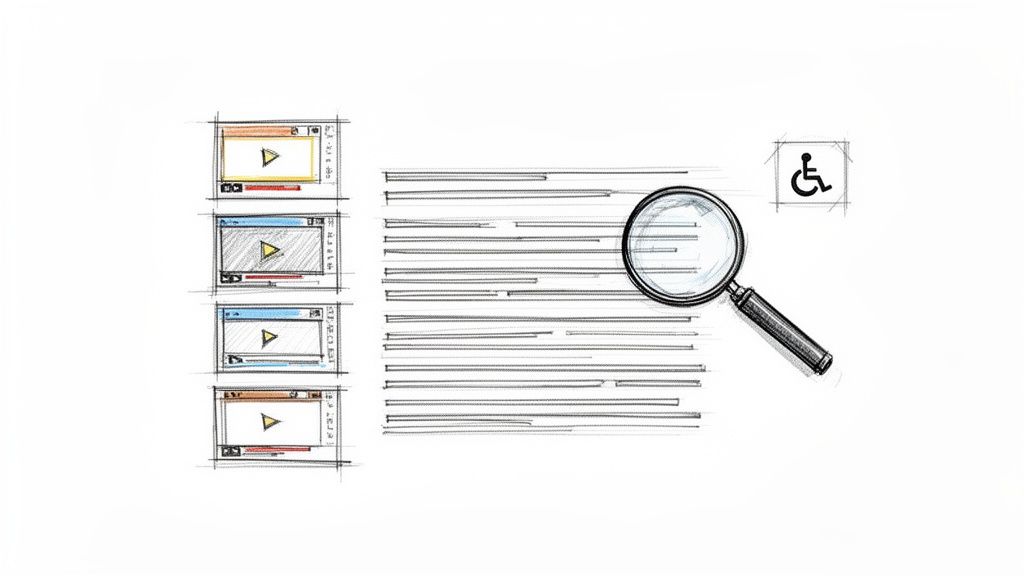 Hand-drawn sketch illustrating video players, a transcript being searched, and accessibility options.