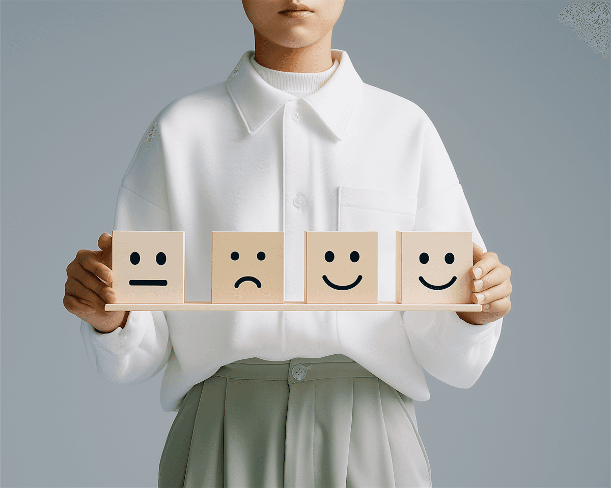 Hands holding wooden blocks with various emoji faces.