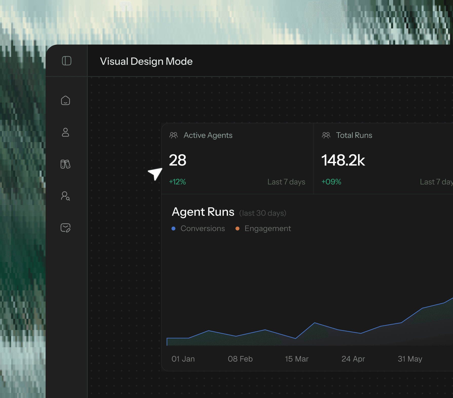 AI automation dashboard showing agent performance metrics, workflows, and run analytics in a dark UI.