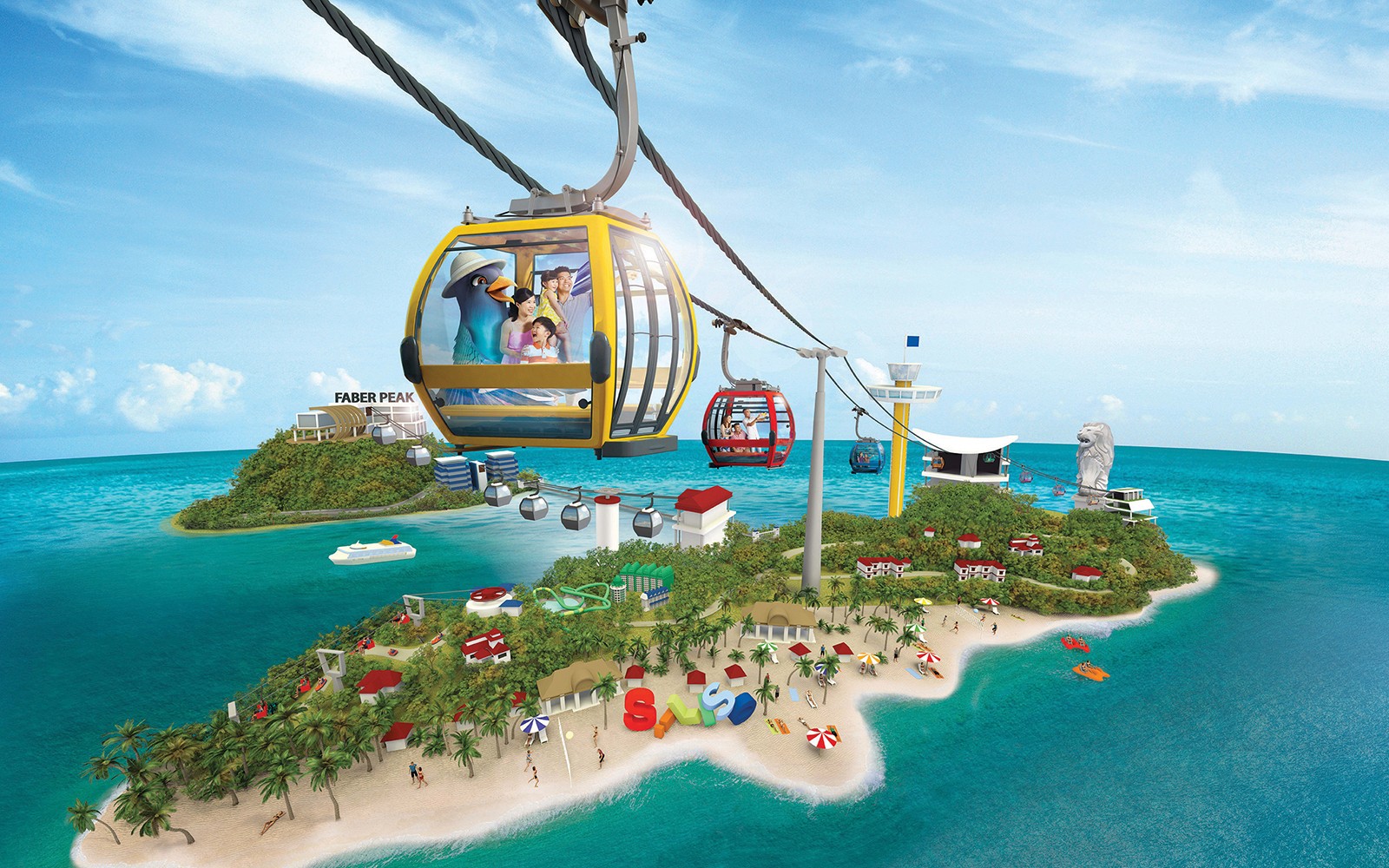 Funivia di Singapore su Sentosa Island con vista sul Merlion e sulla spiaggia.