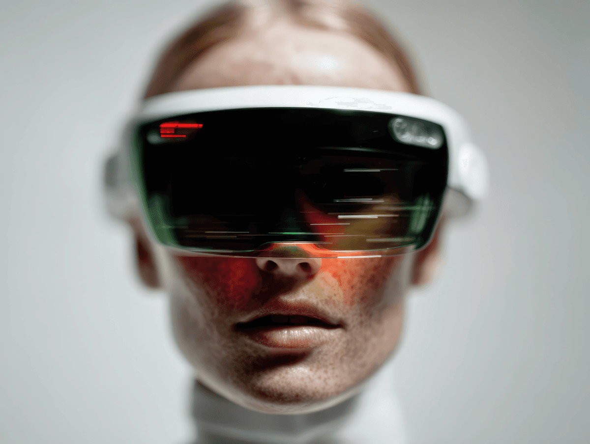 A person wearing sunglasses in red lighting
