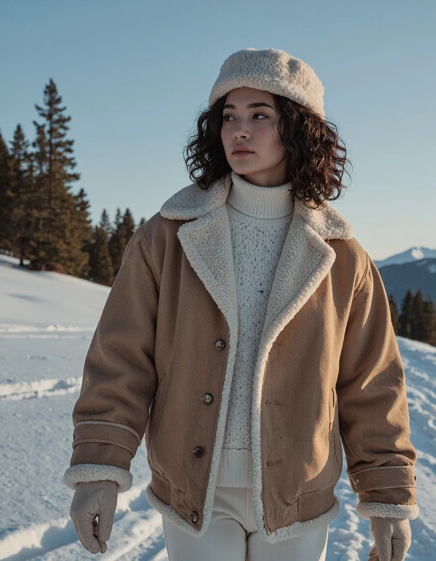 Woman in tan sherpa jacket and cream beanie on snowy mountain landscape, winter fashion portrait style