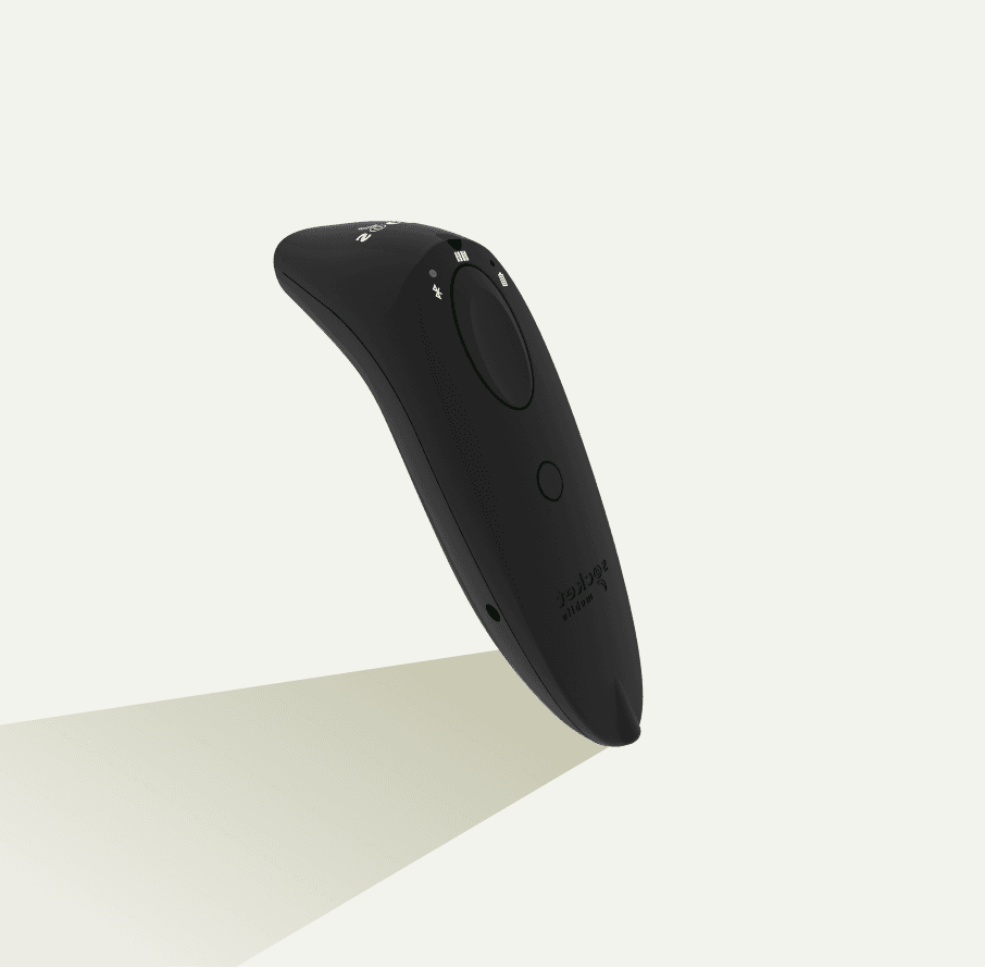 A black socket mobile barcode scanner stands on a white surface, casting a shadow.