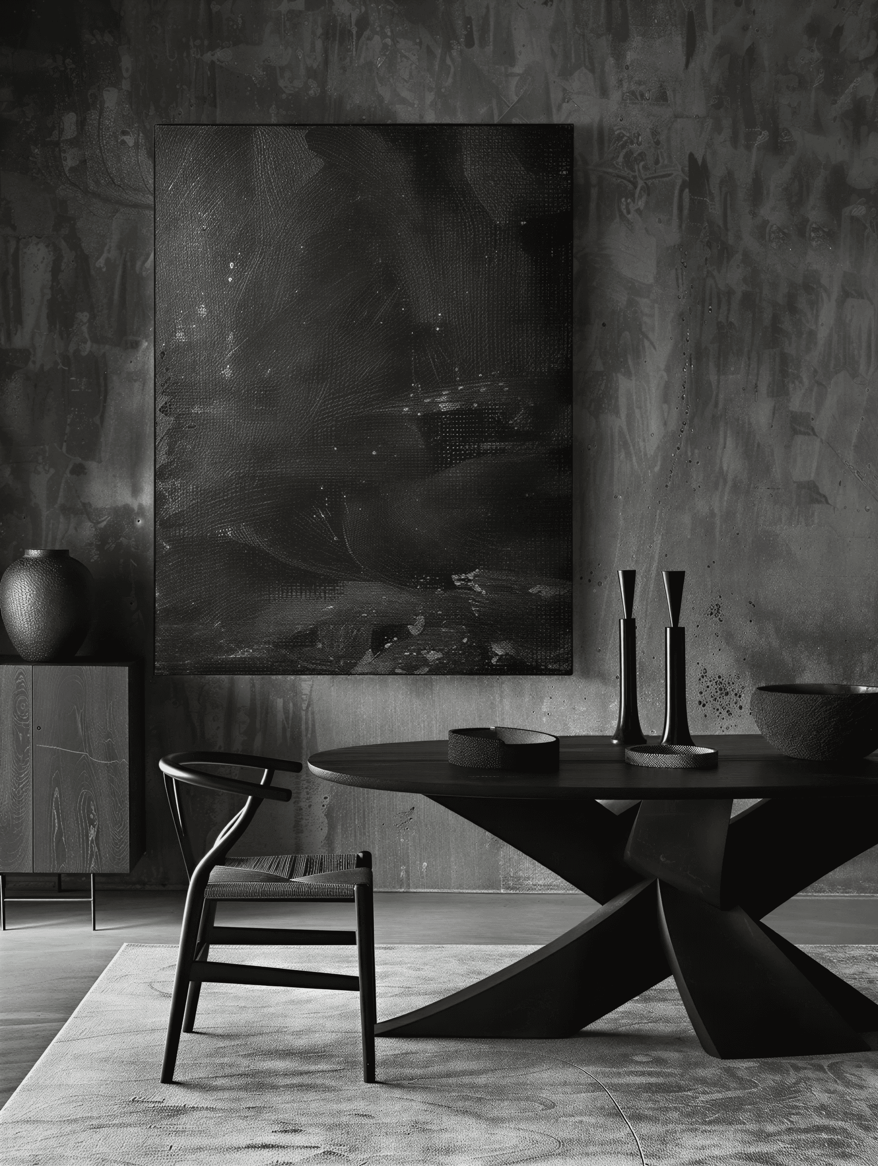Dark moody dining room with textured concrete walls, sculptural black table, modern chair, and abstract black artwork