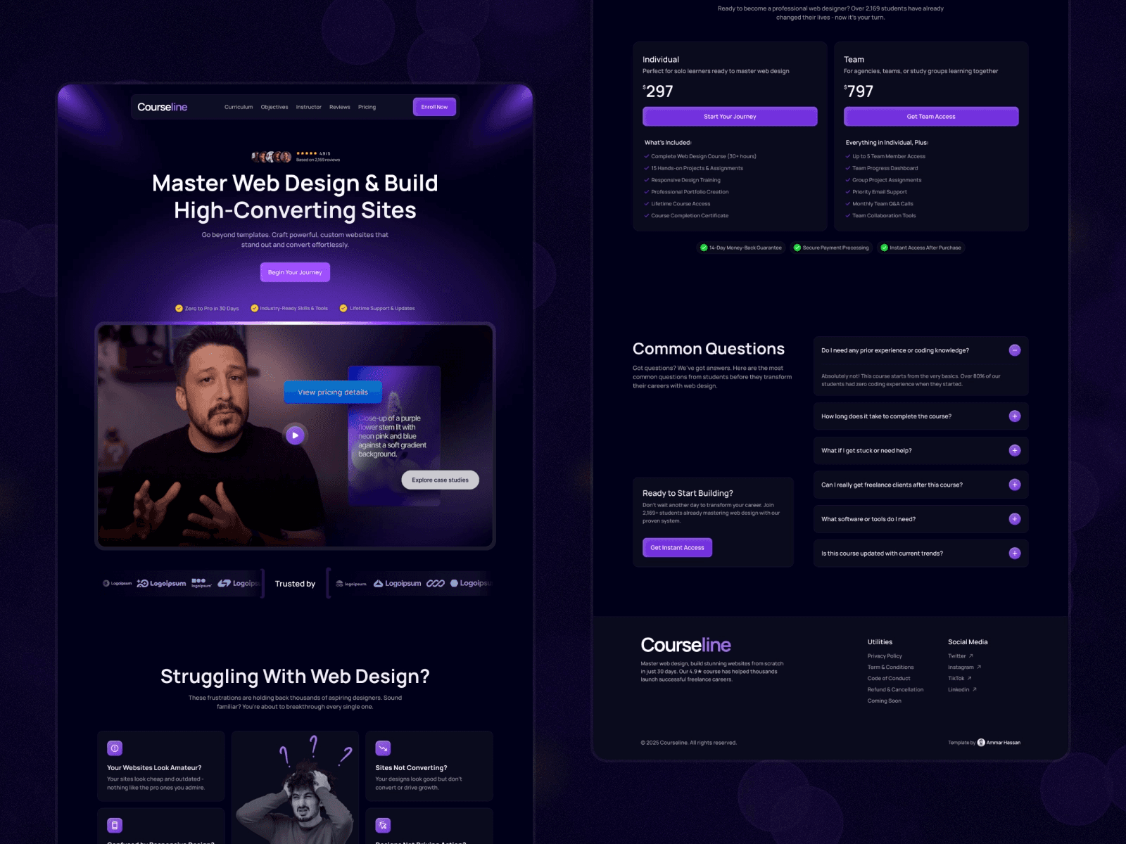 Courseline website featuring homepage, dark UI, purple accents, and pricing plans.