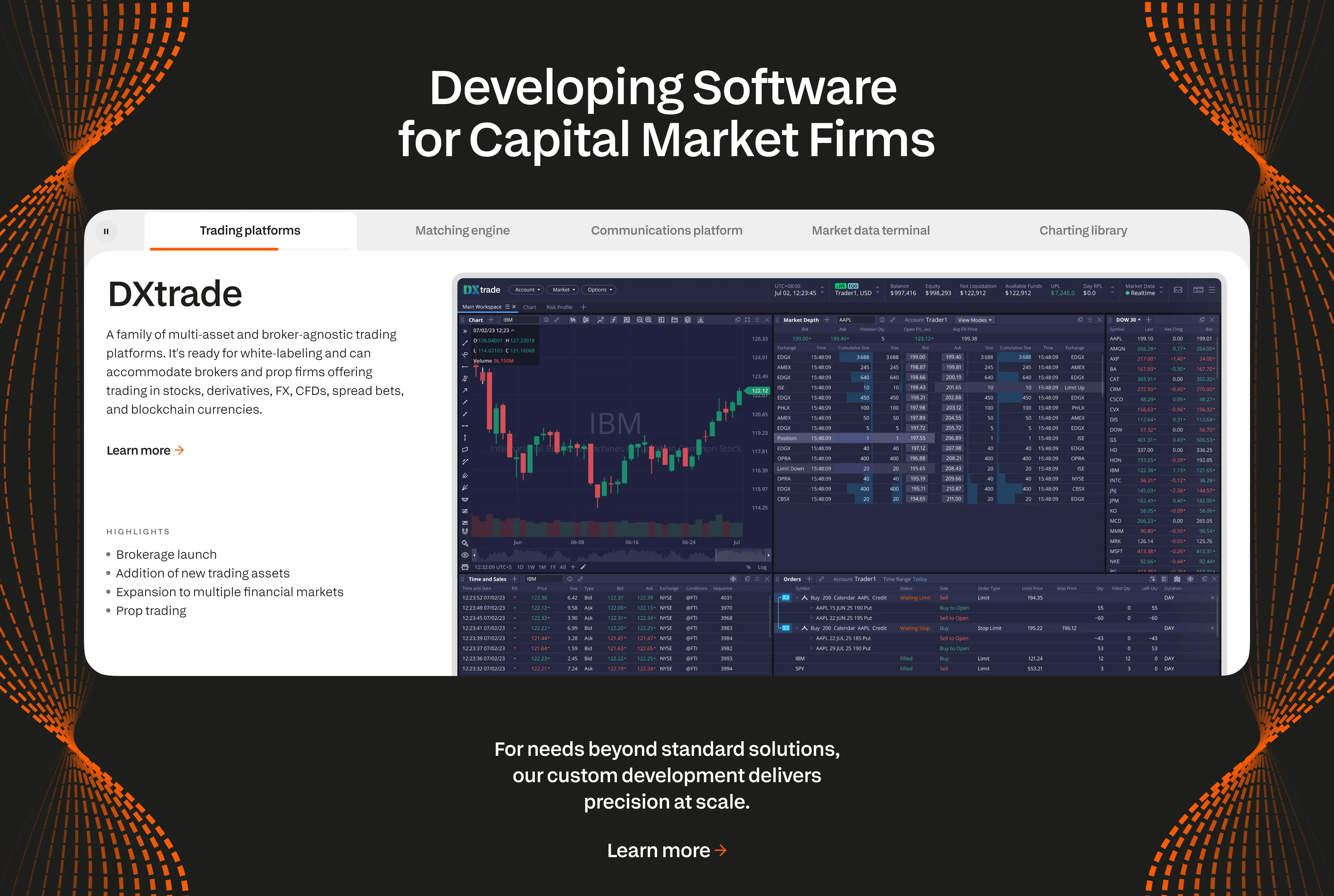 Dark‑themed mega menu showing Devexperts product categories, services, and a persistent “Contact sales” link