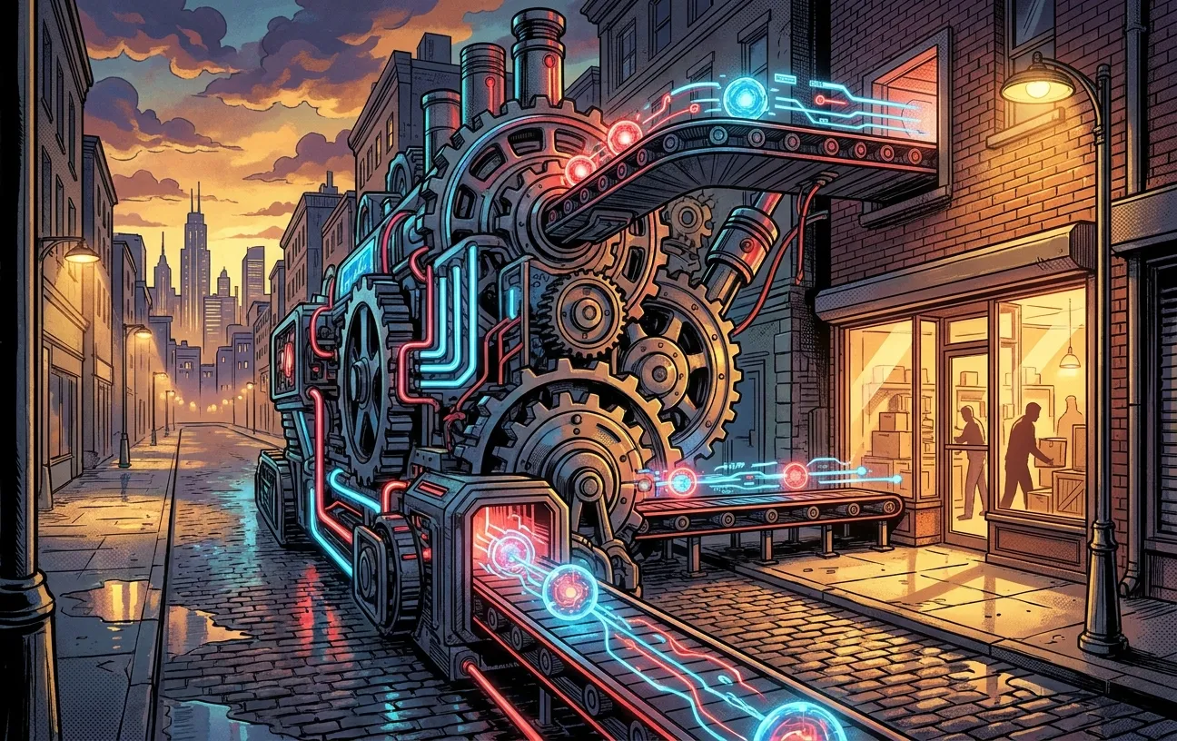 Steampunk machine in city street at sunset, symbolizing RockN' Socials' digital marketing.