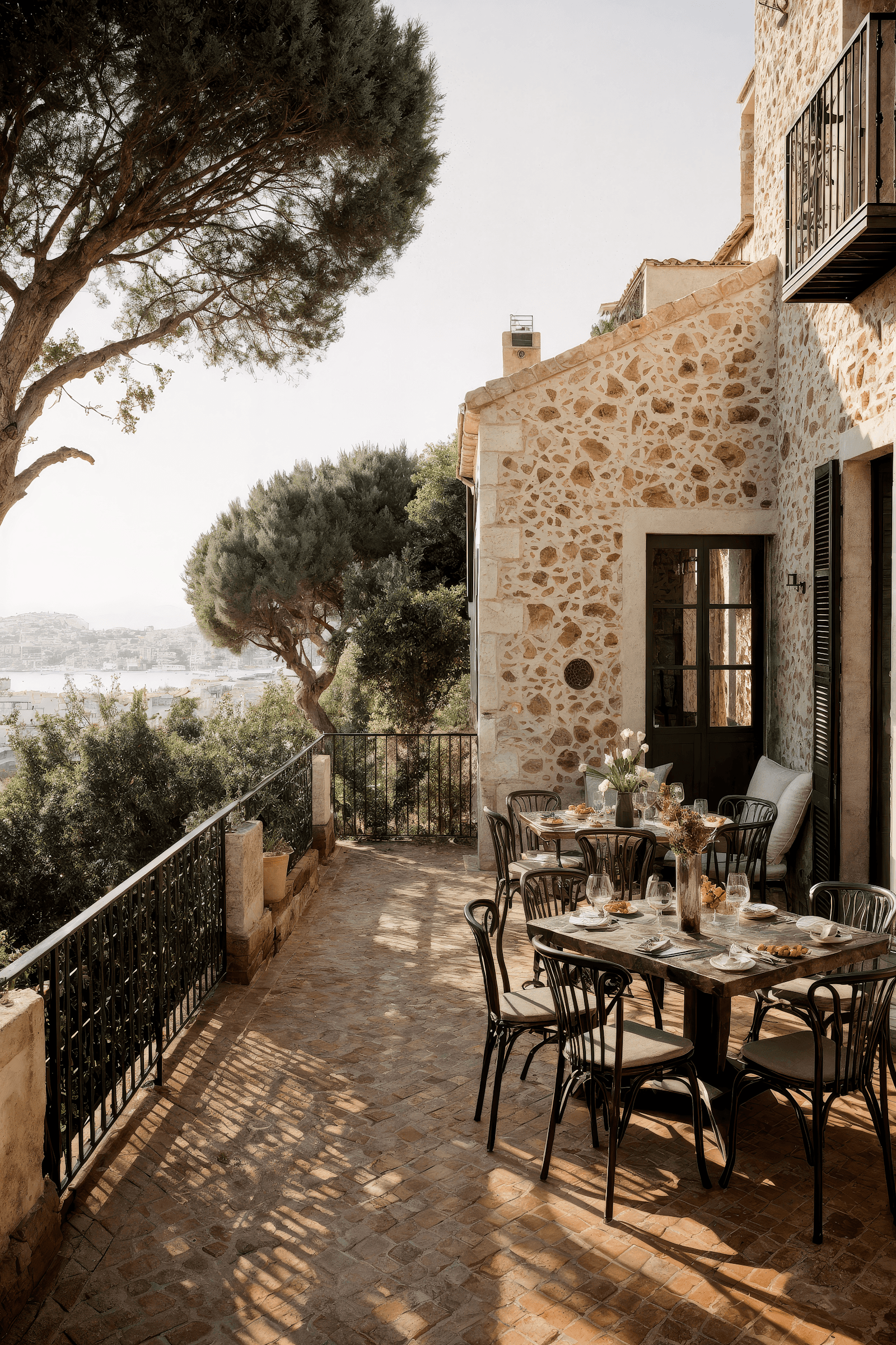 Mediterranean hillside terrace with natural stone walls, black bistro chairs, outdoor dining setup, pine trees, and panoramic coastal views