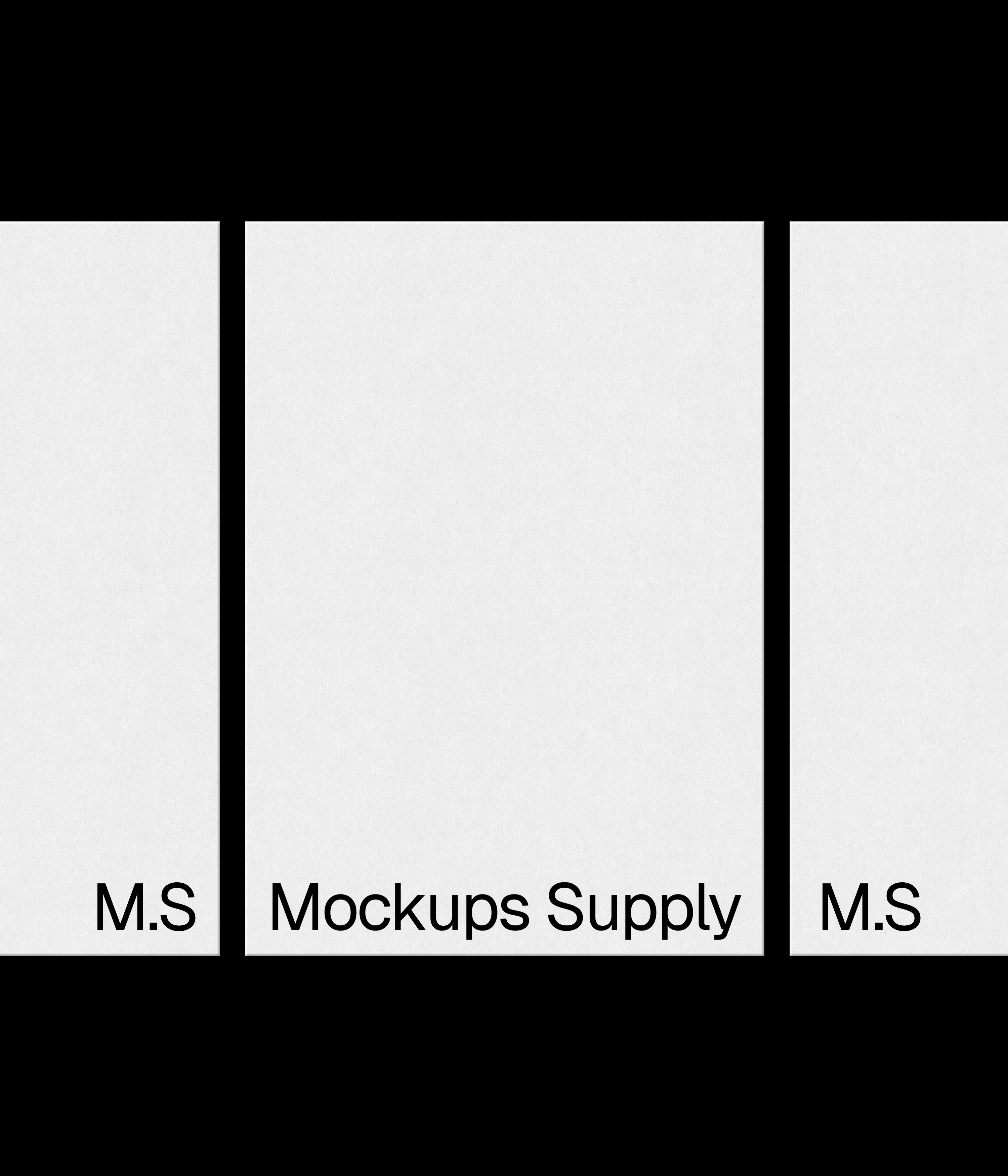 3 A4 paper mockup portrait in a row for Photoshop with debossed text effect, white papers on black background, clean minimal stationery and print branding presentation