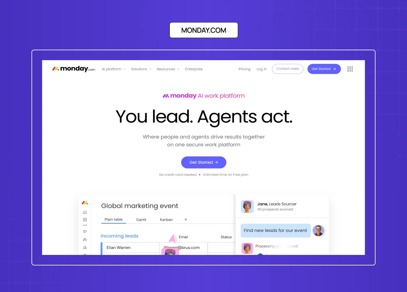 Monday.com AI work platform homepage with collaborative dashboards and automation-focused messaging.