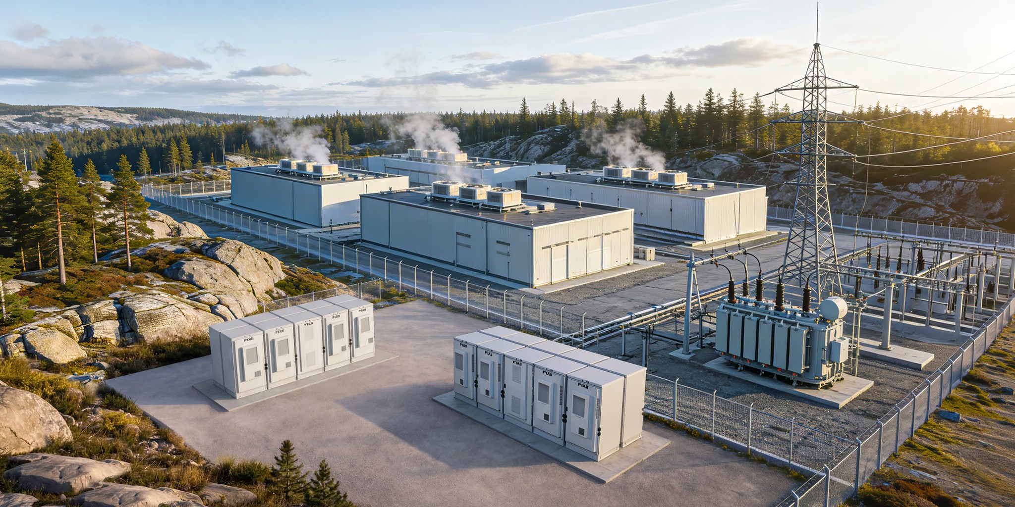 Gridcore battery energy storage site in a forested landscape, showing modular battery units, transformer equipment, and larger facility buildings connected to the power grid.