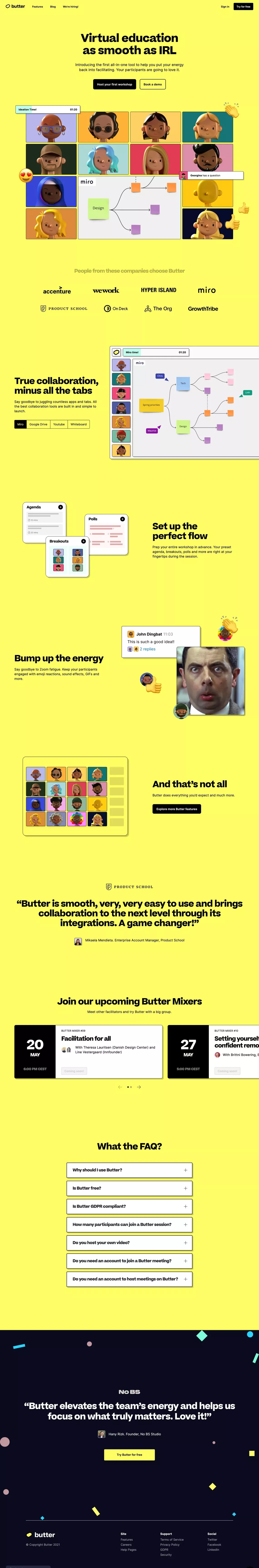Butter landing page screenshot showcasing Tech design
