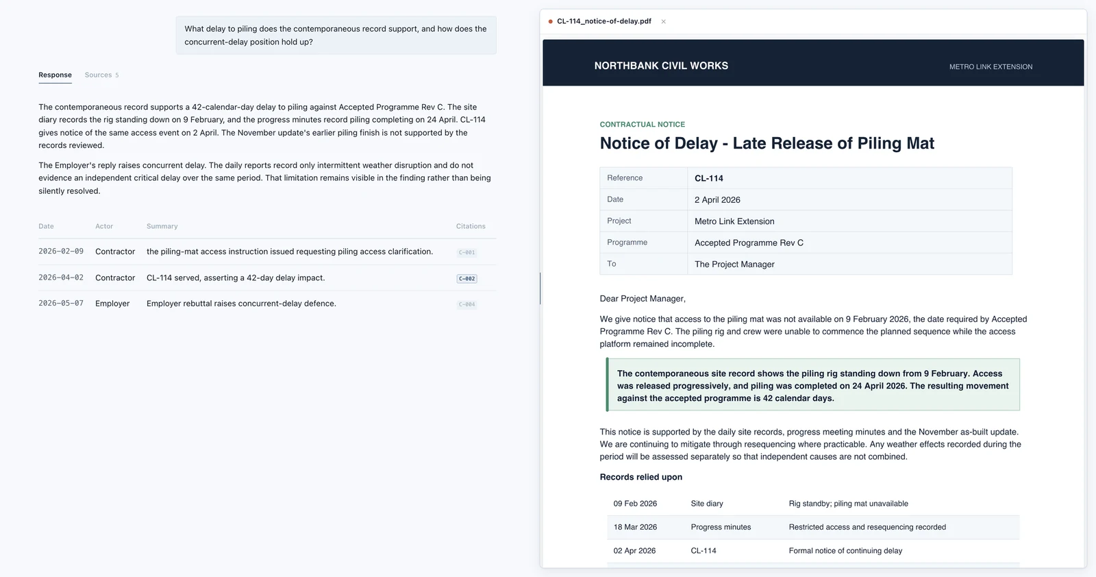 Split Exhibit 29 workspace with a qualified answer beside the cited source document