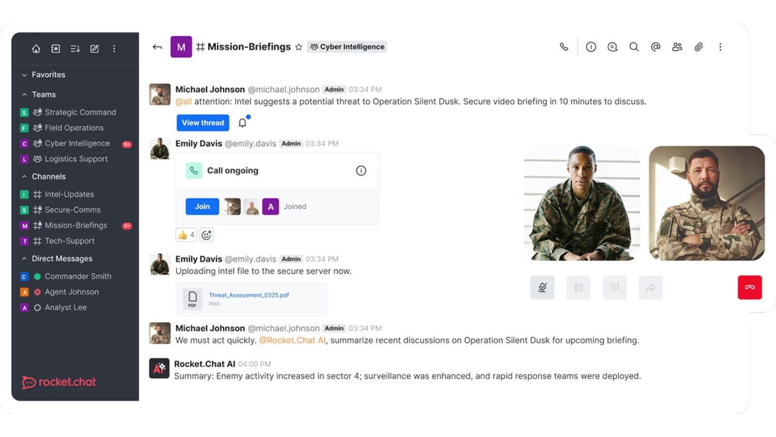 Rocket.Chat’s mission-briefings channel for secure team communication