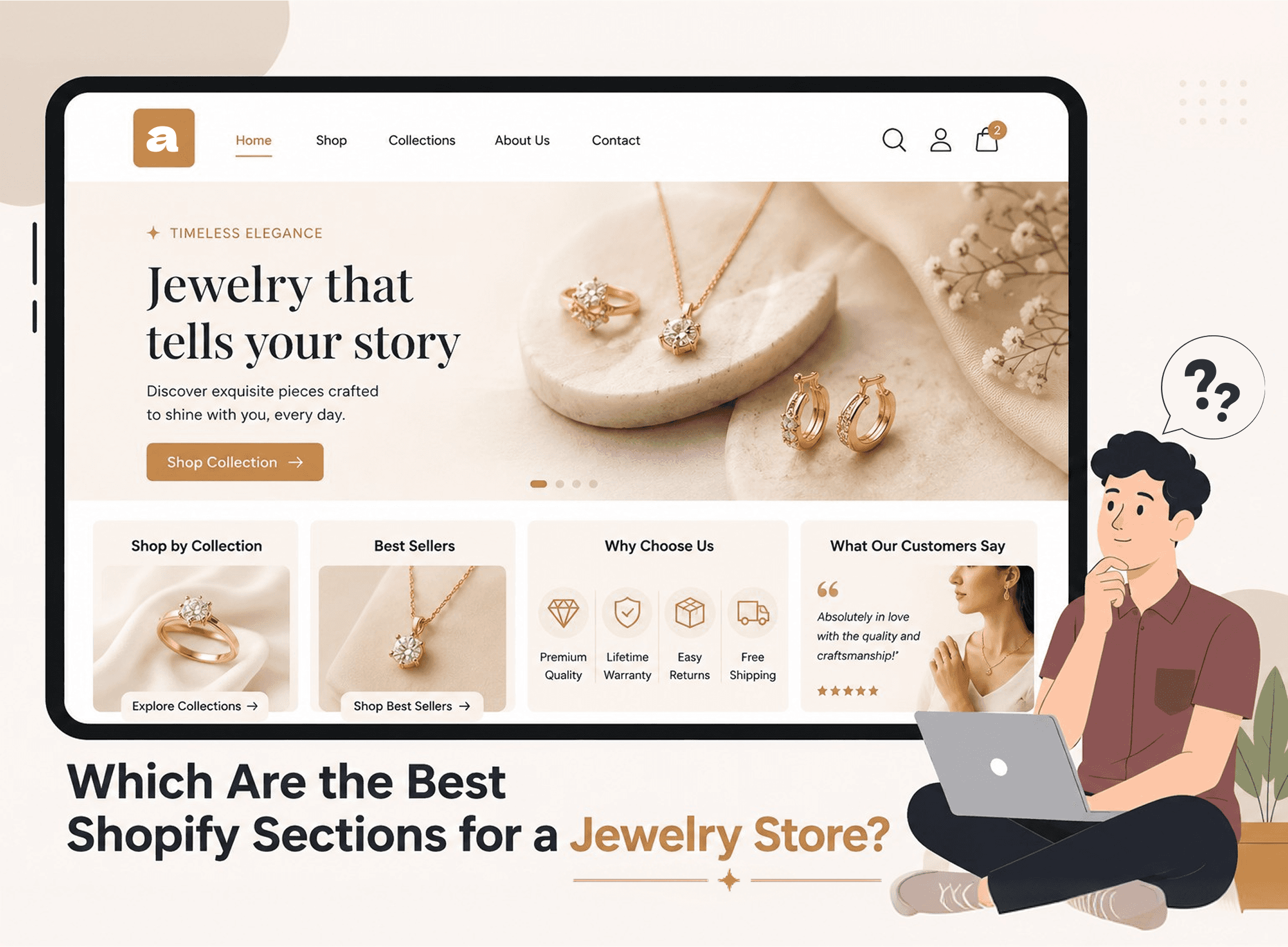 Shopify jewelry store homepage show ecommerce sections and premium jewelry products