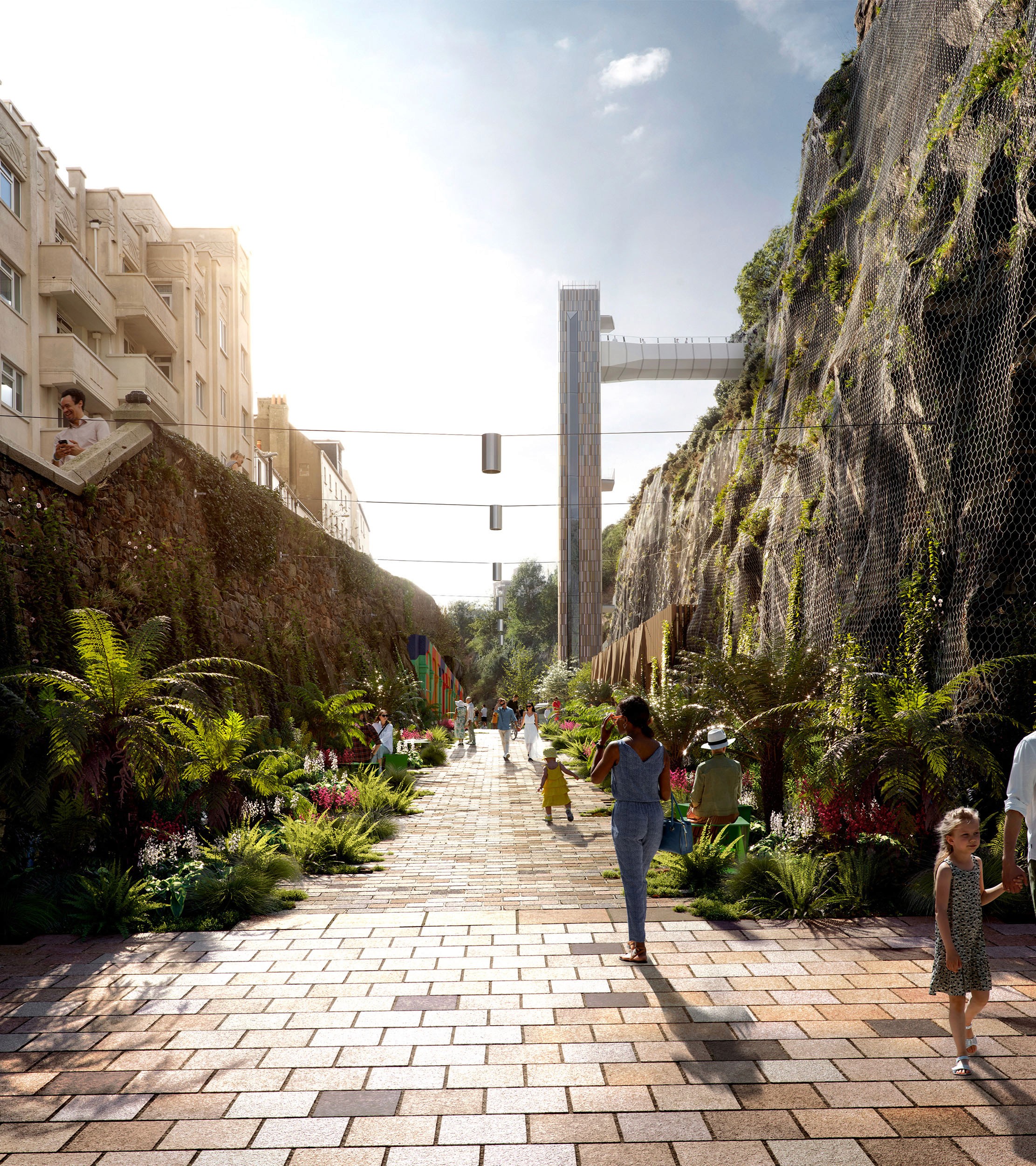 Architectural CGI render showing lush public walkway.