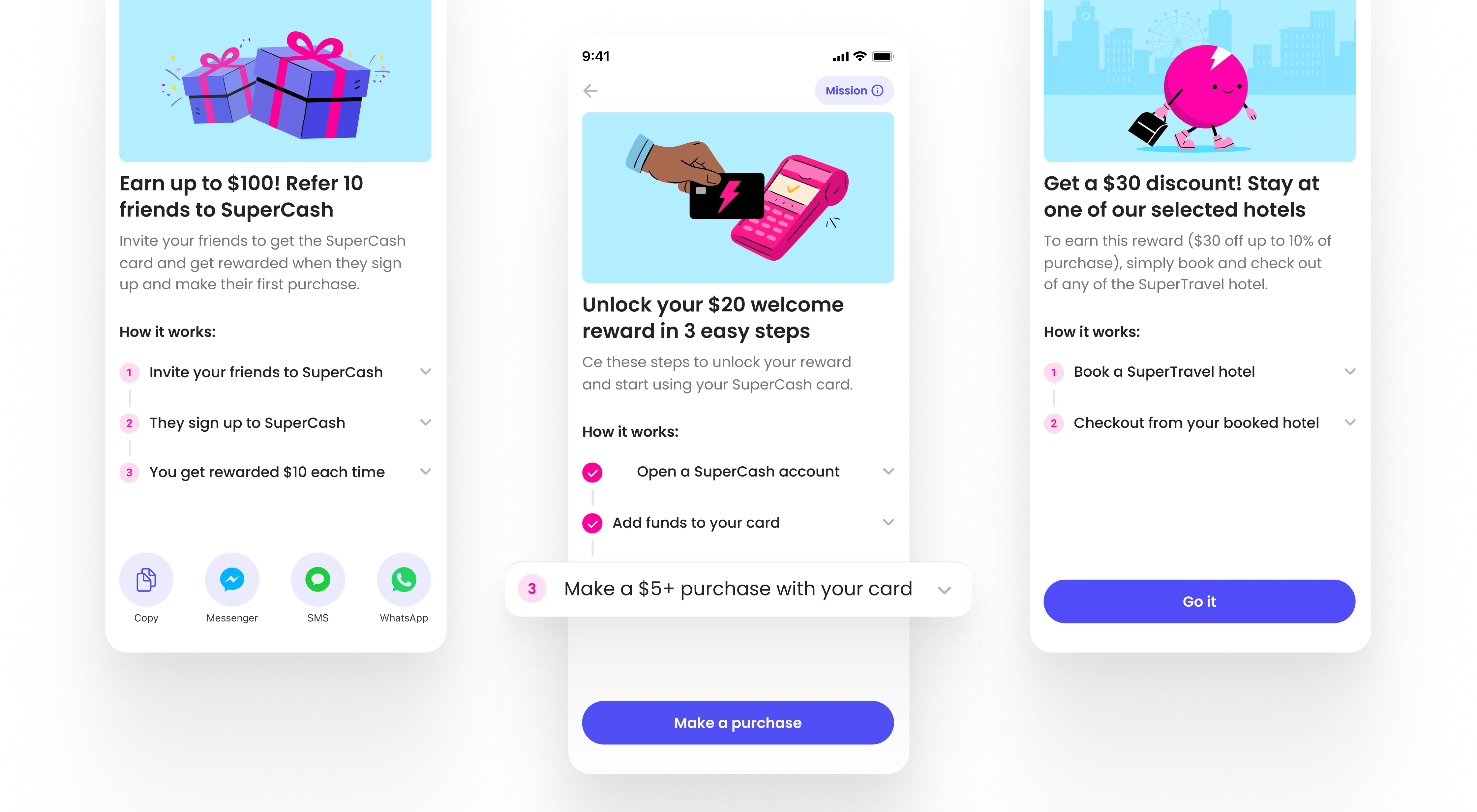 UI mockup of Super.com’s Missions showing three task-based rewards — refer friends, make purchases, and book hotels — illustrating the scalable design of the new mission-based rewards system.