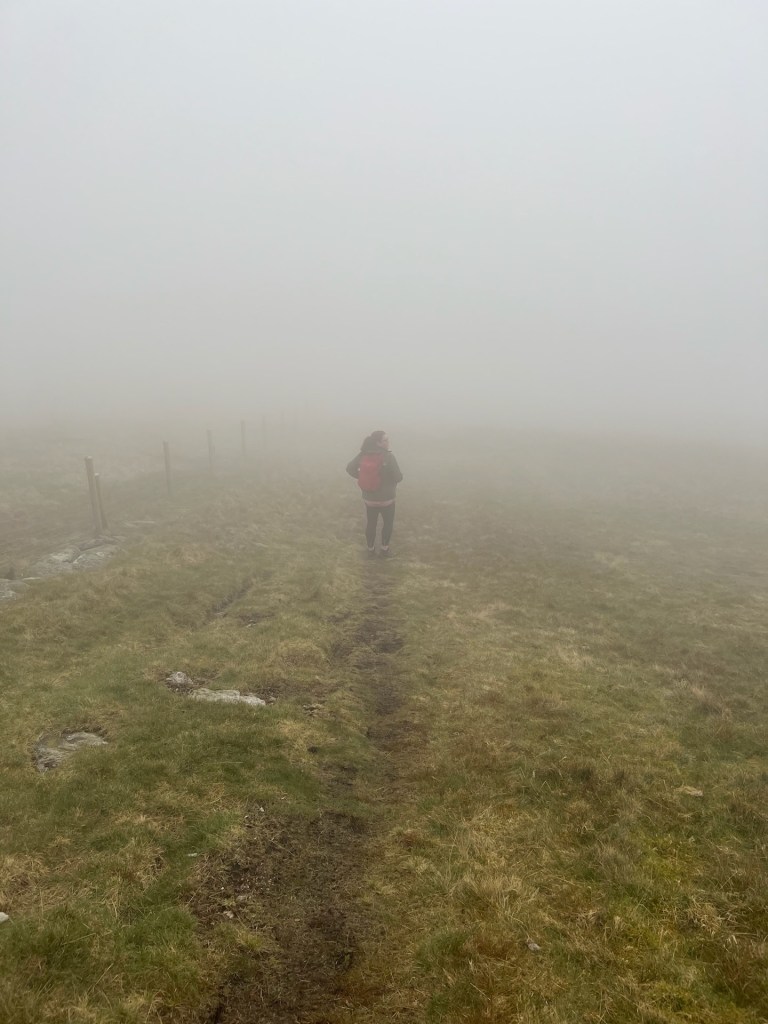 April looking back down the hill, almost faded in the thick fog even though she's only about 5 meters away. You can just about make out the fence on the left.