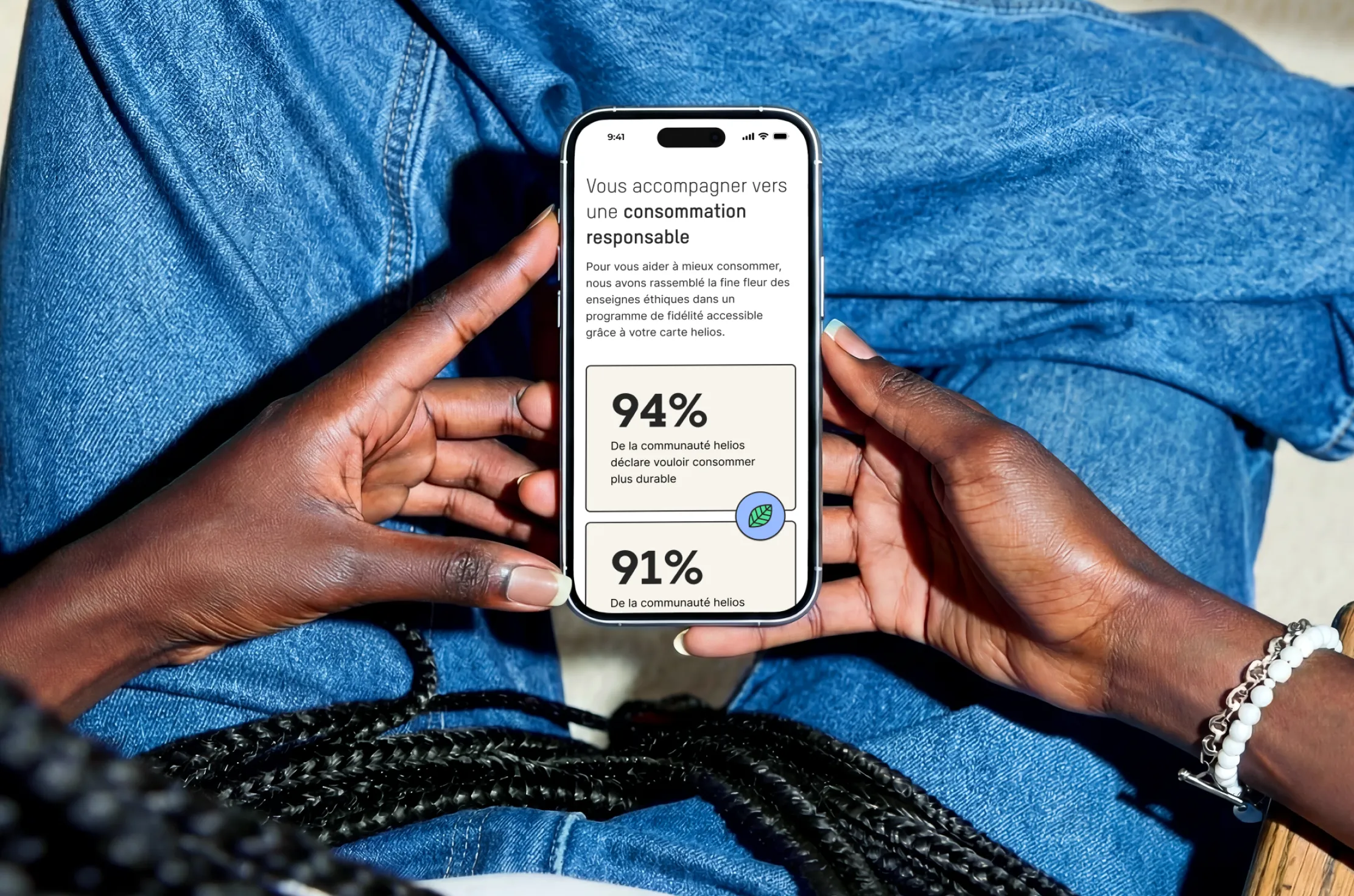 Interface mobile Helios présentant les engagements pour une consommation responsable