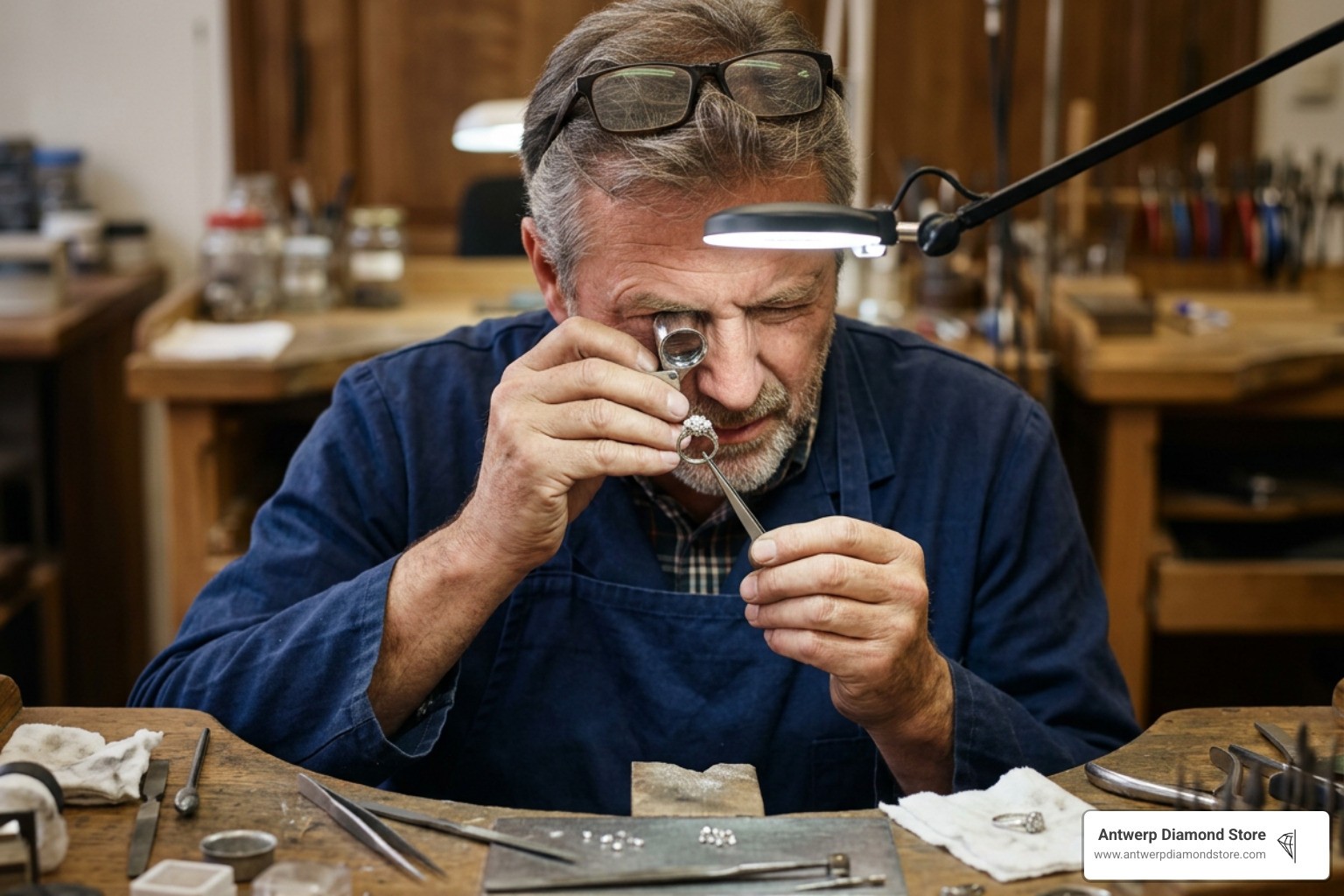 Master jeweler inspecting diamond setting with a loupe