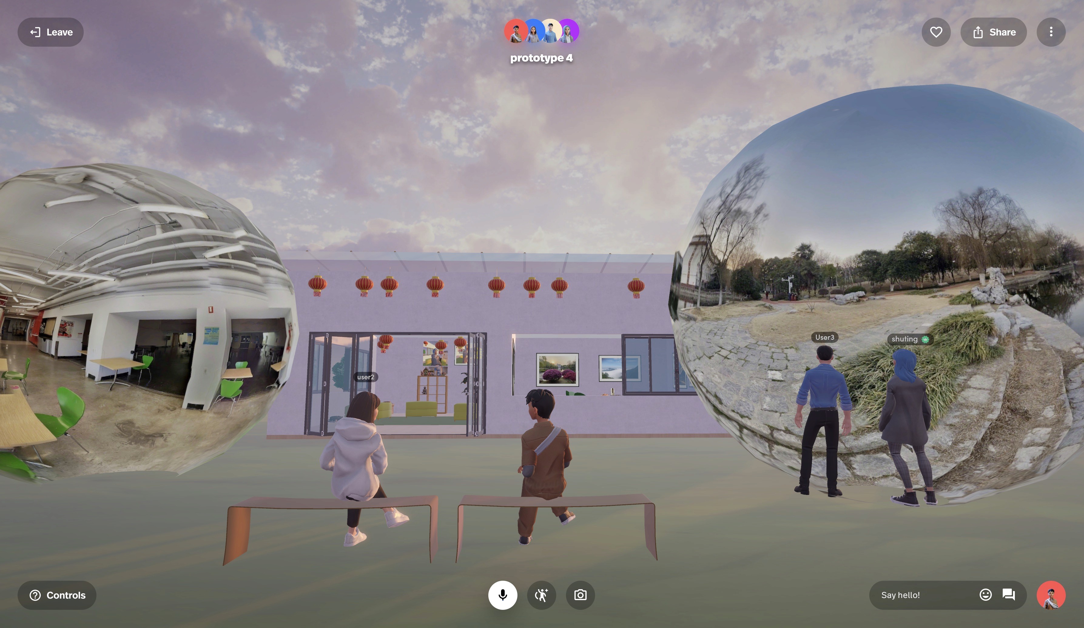 Mixed reality family space combining avatars, shared photographs, 360-degree environments, and scanned household objects.