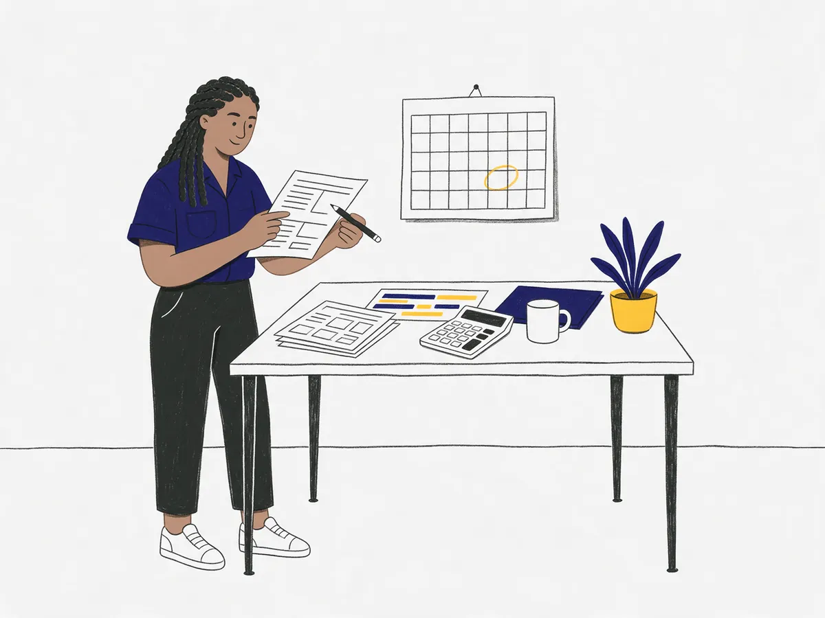 Ilustração de uma coordenadora que confere a planilha do orçamento ao lado de uma mesa com cronograma, calculadora e um calendário com o prazo marcado