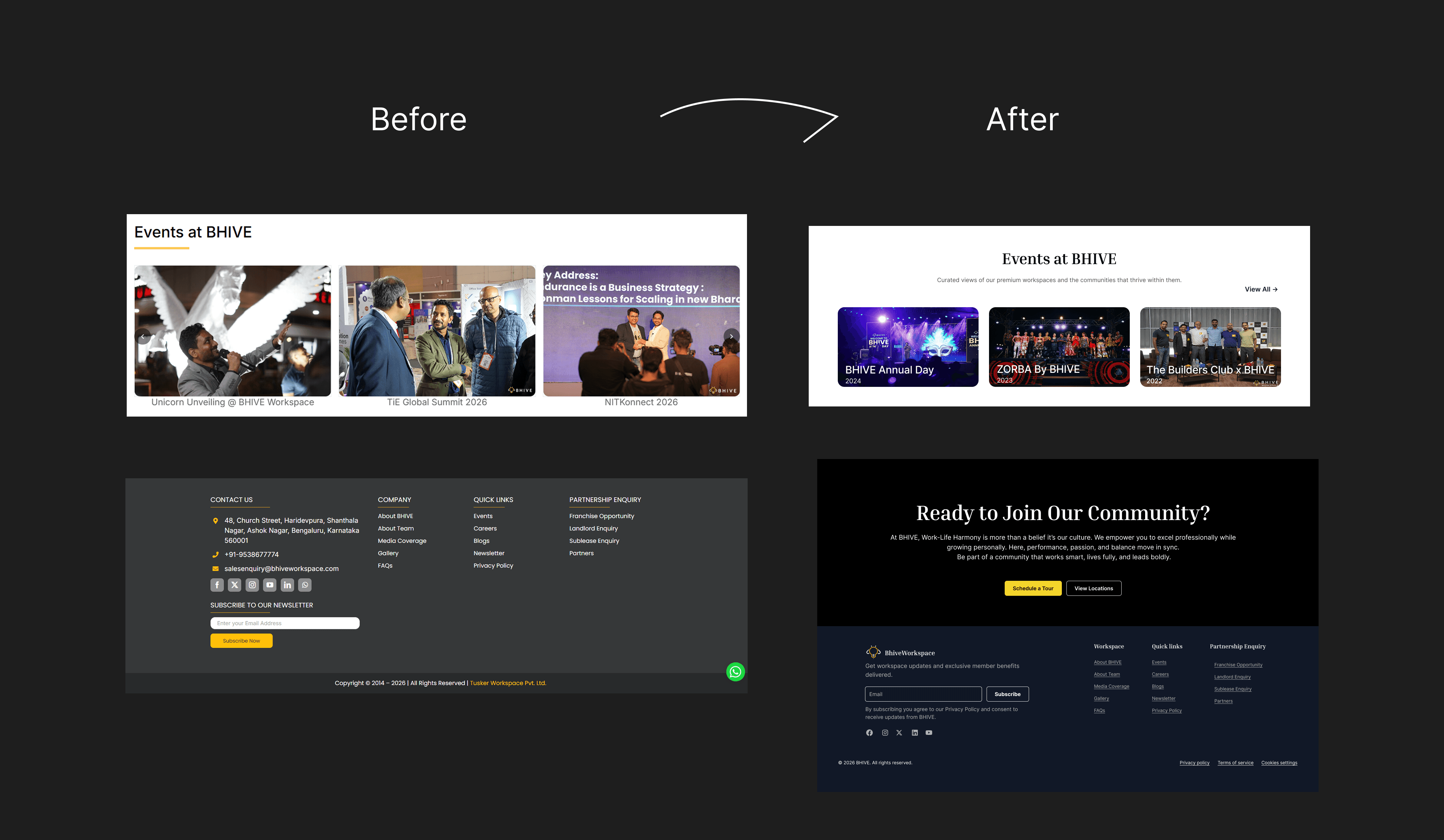 The events and footer sections were redesigned to create a more cohesive and structured experience. A stronger call-to-action and improved information hierarchy ensure that important actions and navigation elements are easily accessible.