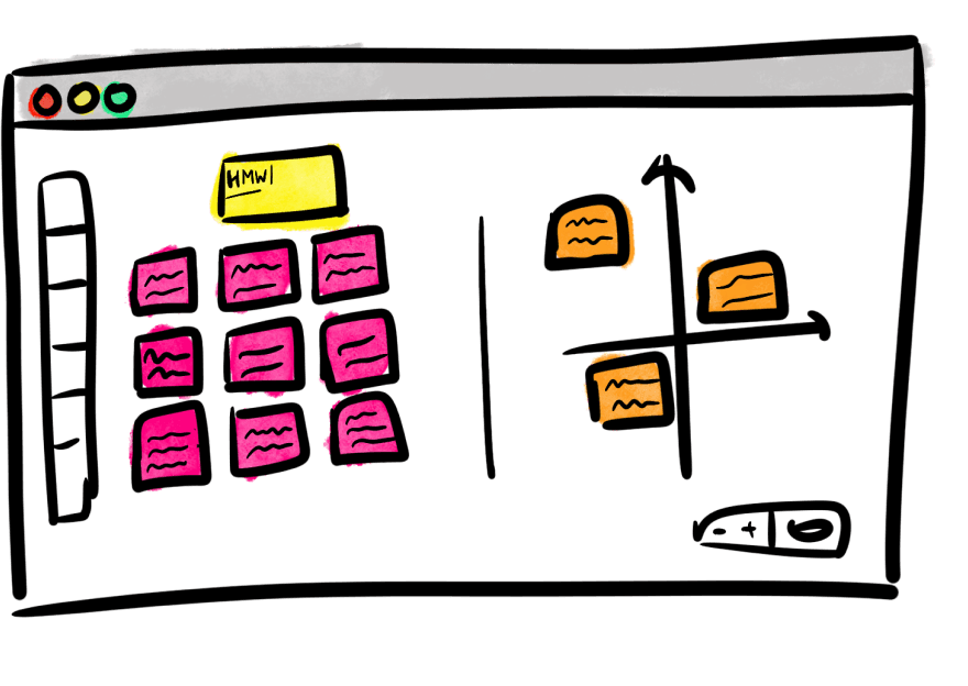 Illustration of a video call with a digital whiteboard filled with sticky notes, symbolizing practice and feedback sessions
