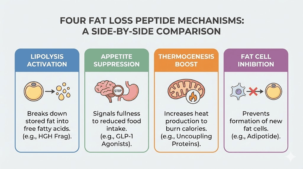 FTPP peptide mechanism compared to AOD 9604 semaglutide and growth hormone peptides